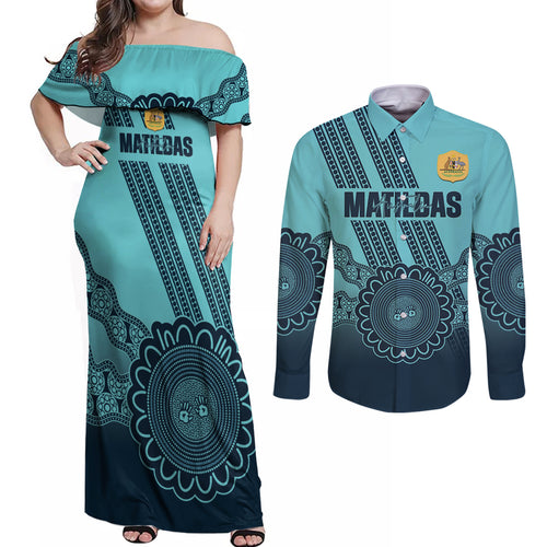 Custom Australia Matildas Couples Matching Off Shoulder Maxi Dress and Long Sleeve Button Shirt Aussie Aboriginal Turquoise Version