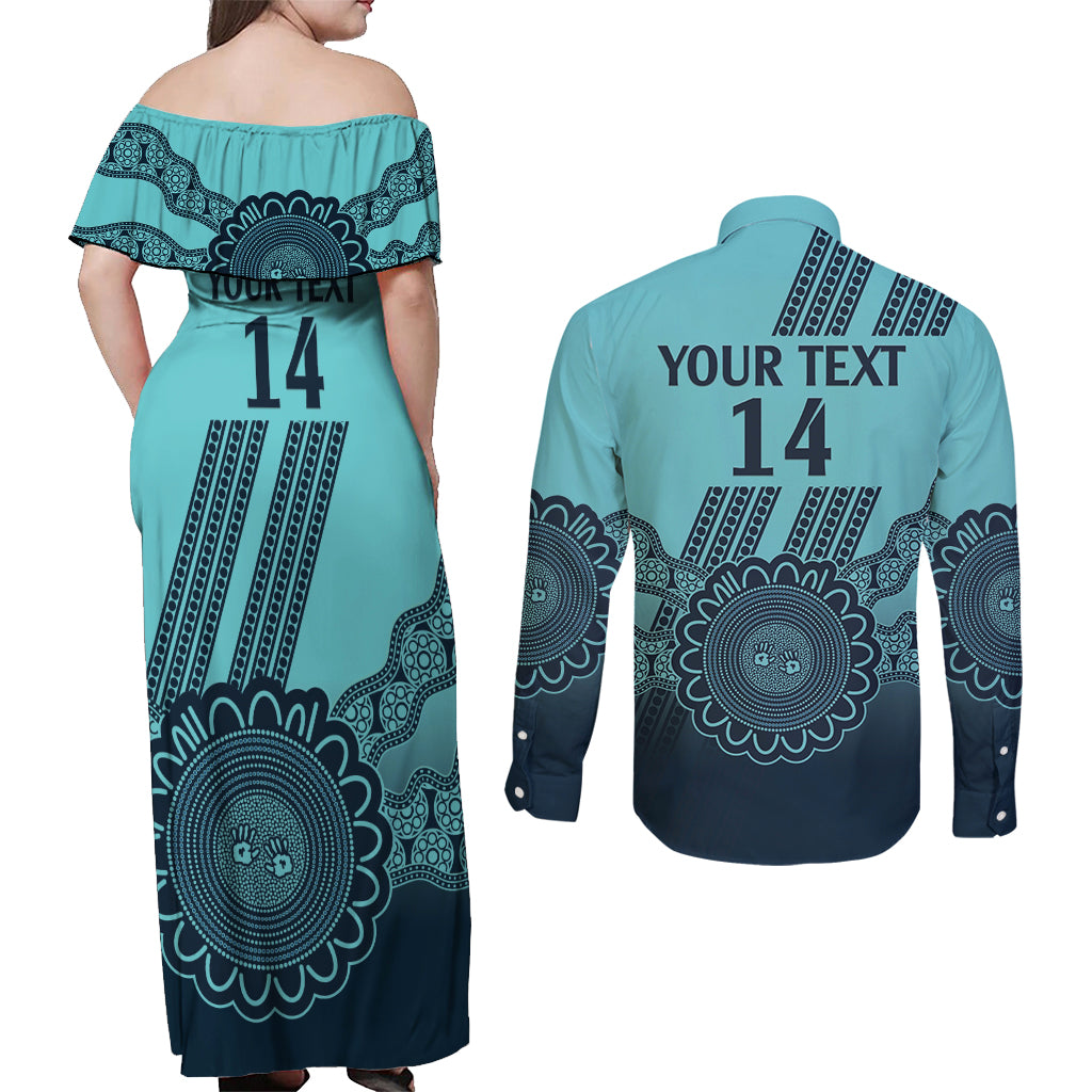 Custom Australia Matildas Couples Matching Off Shoulder Maxi Dress and Long Sleeve Button Shirt Aussie Aboriginal Turquoise Version