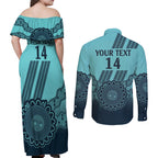 Custom Australia Matildas Couples Matching Off Shoulder Maxi Dress and Long Sleeve Button Shirt Aussie Aboriginal Turquoise Version