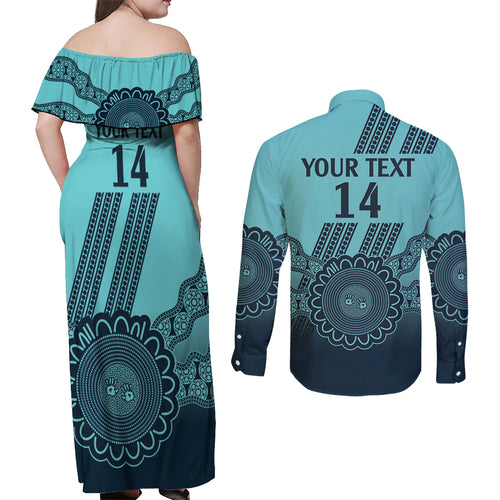 Custom Australia Matildas Couples Matching Off Shoulder Maxi Dress and Long Sleeve Button Shirt Aussie Aboriginal Turquoise Version