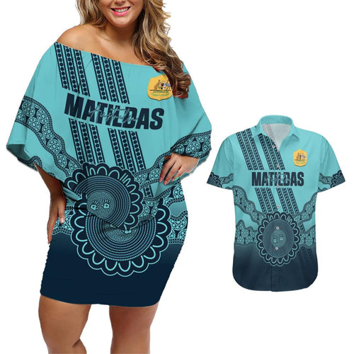 Custom Australia Matildas Couples Matching Off Shoulder Short Dress and Hawaiian Shirt Aussie Aboriginal Turquoise Version
