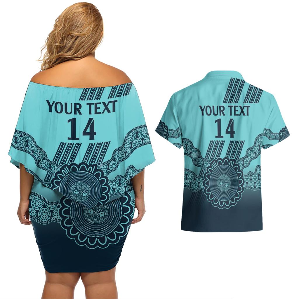 Custom Australia Matildas Couples Matching Off Shoulder Short Dress and Hawaiian Shirt Aussie Aboriginal Turquoise Version