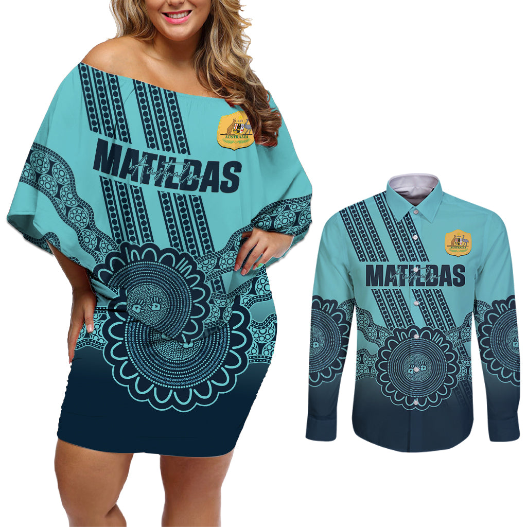 Custom Australia Matildas Couples Matching Off Shoulder Short Dress and Long Sleeve Button Shirt Aussie Aboriginal Turquoise Version