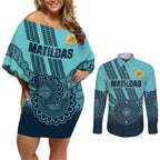 Custom Australia Matildas Couples Matching Off Shoulder Short Dress and Long Sleeve Button Shirt Aussie Aboriginal Turquoise Version