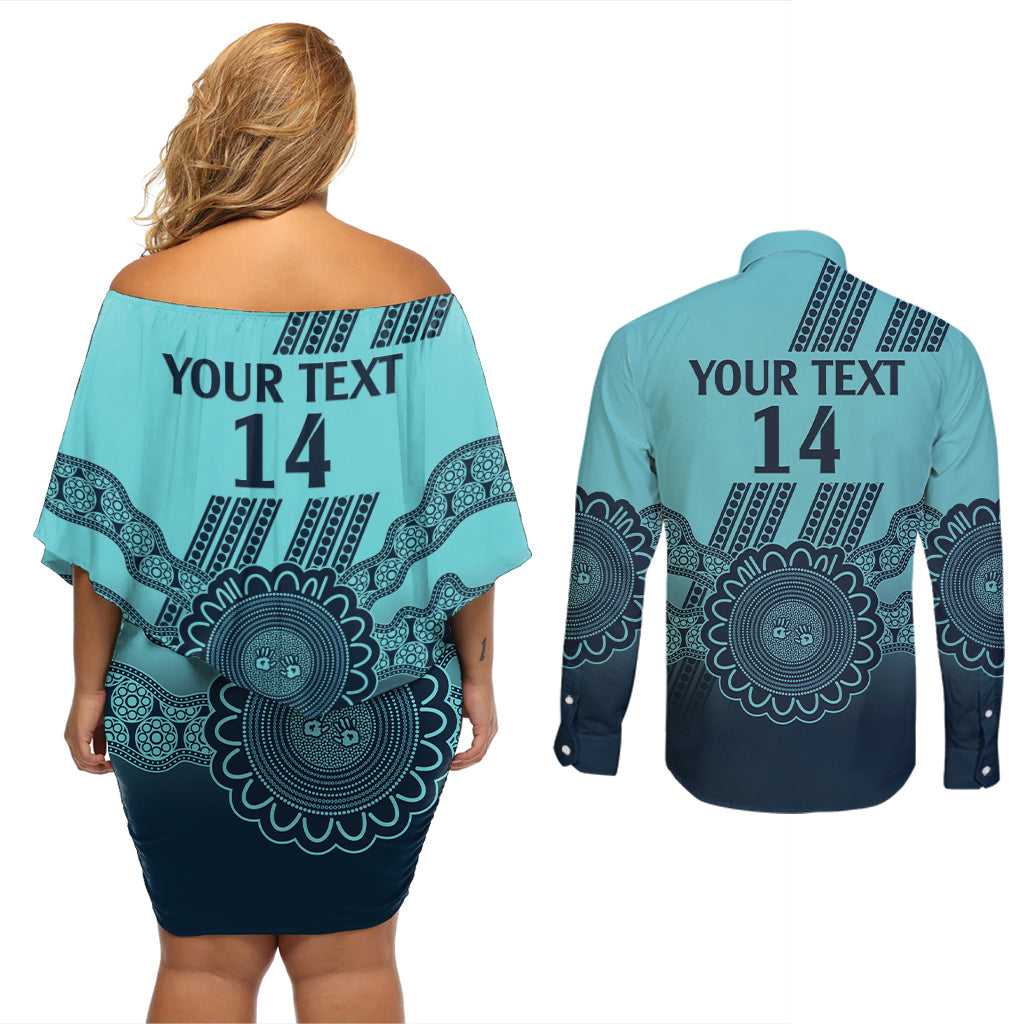 Custom Australia Matildas Couples Matching Off Shoulder Short Dress and Long Sleeve Button Shirt Aussie Aboriginal Turquoise Version