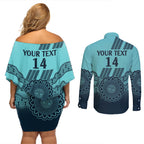 Custom Australia Matildas Couples Matching Off Shoulder Short Dress and Long Sleeve Button Shirt Aussie Aboriginal Turquoise Version