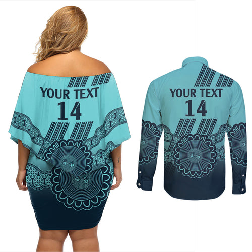 Custom Australia Matildas Couples Matching Off Shoulder Short Dress and Long Sleeve Button Shirt Aussie Aboriginal Turquoise Version
