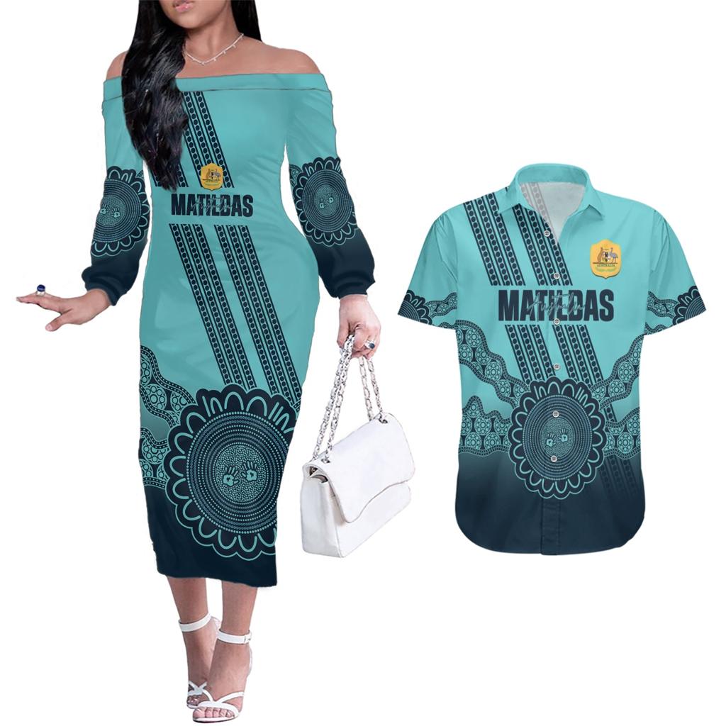 Custom Australia Matildas Couples Matching Off The Shoulder Long Sleeve Dress and Hawaiian Shirt Aussie Aboriginal Turquoise Version