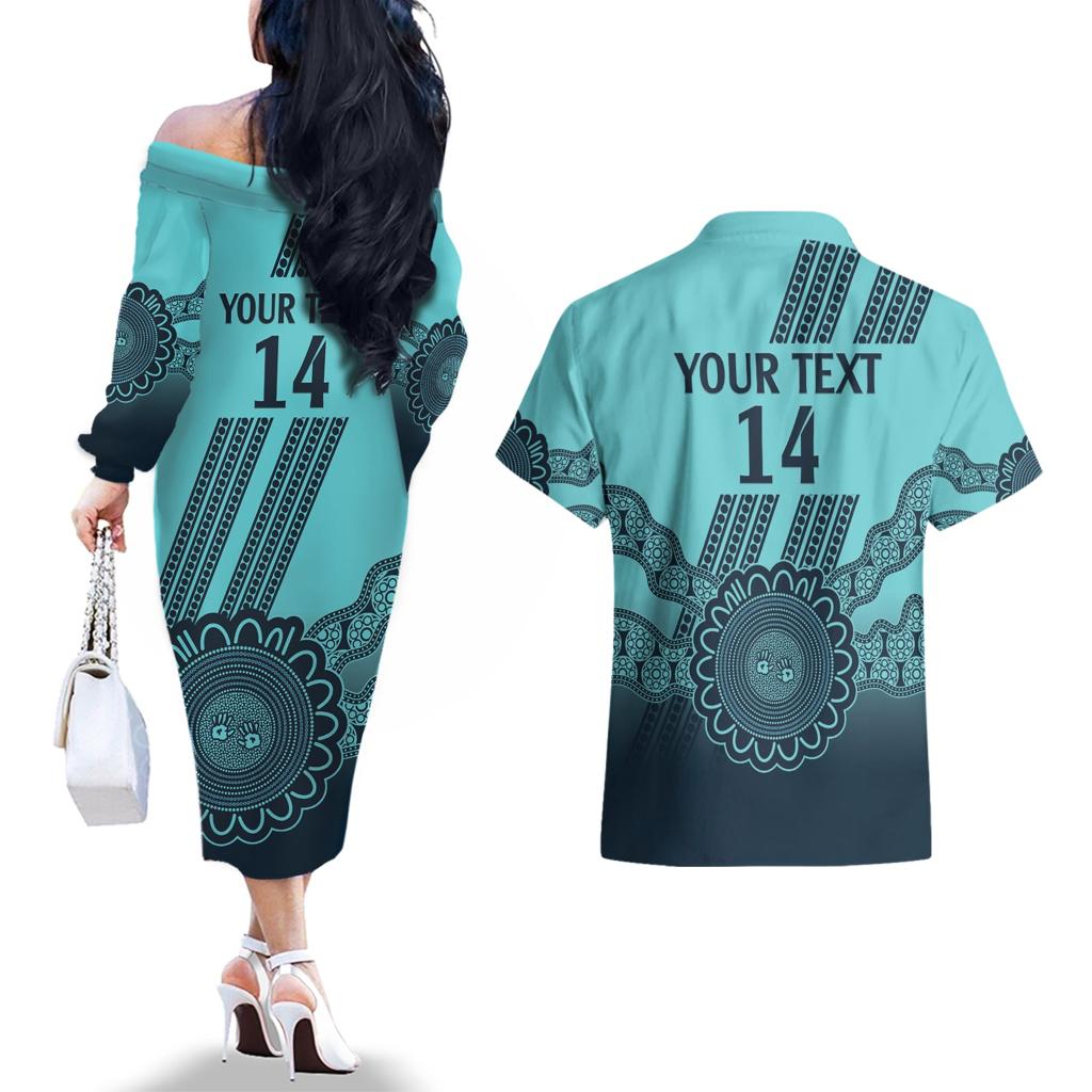 Custom Australia Matildas Couples Matching Off The Shoulder Long Sleeve Dress and Hawaiian Shirt Aussie Aboriginal Turquoise Version