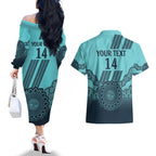 Custom Australia Matildas Couples Matching Off The Shoulder Long Sleeve Dress and Hawaiian Shirt Aussie Aboriginal Turquoise Version