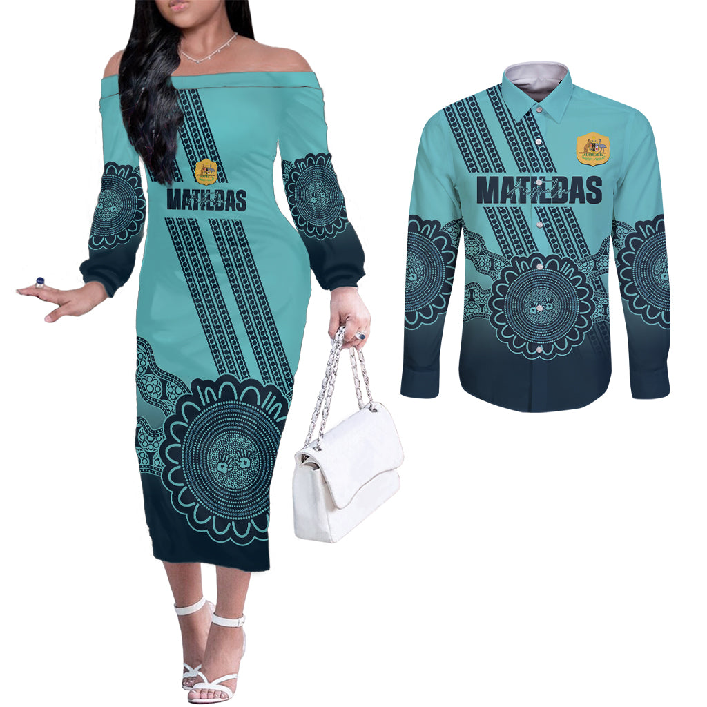 Custom Australia Matildas Couples Matching Off The Shoulder Long Sleeve Dress and Long Sleeve Button Shirt Aussie Aboriginal Turquoise Version