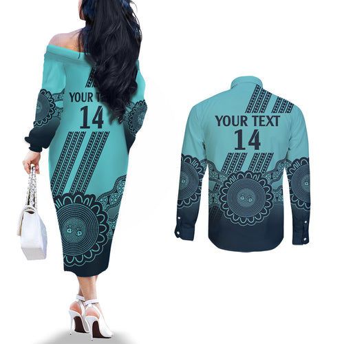 Custom Australia Matildas Couples Matching Off The Shoulder Long Sleeve Dress and Long Sleeve Button Shirt Aussie Aboriginal Turquoise Version