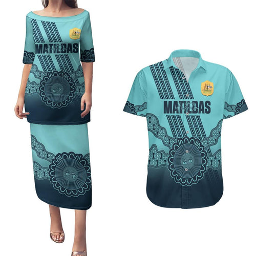 Custom Australia Matildas Couples Matching Puletasi and Hawaiian Shirt Aussie Aboriginal Turquoise Version