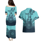 Custom Australia Matildas Couples Matching Puletasi and Hawaiian Shirt Aussie Aboriginal Turquoise Version