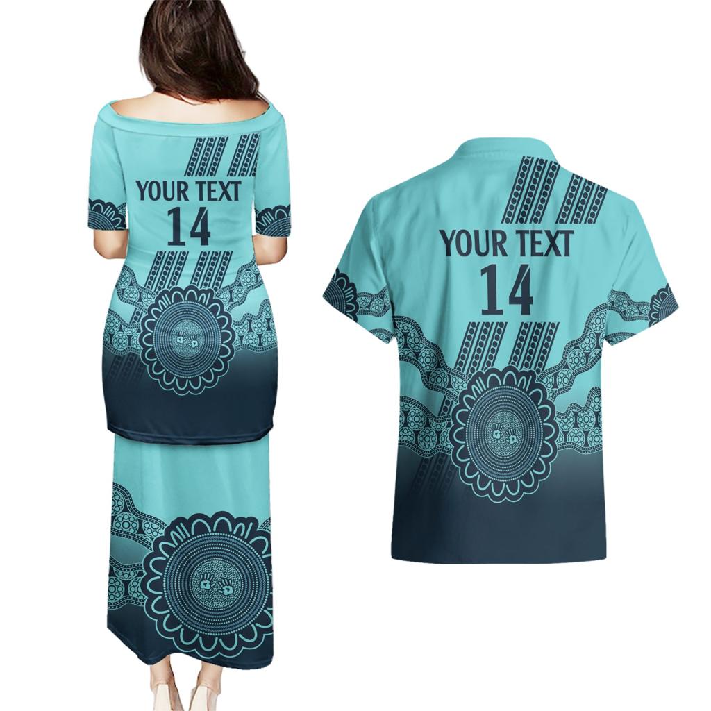 Custom Australia Matildas Couples Matching Puletasi and Hawaiian Shirt Aussie Aboriginal Turquoise Version