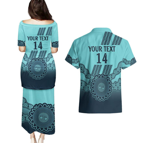 Custom Australia Matildas Couples Matching Puletasi and Hawaiian Shirt Aussie Aboriginal Turquoise Version