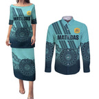Custom Australia Matildas Couples Matching Puletasi and Long Sleeve Button Shirt Aussie Aboriginal Turquoise Version
