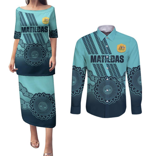 Custom Australia Matildas Couples Matching Puletasi and Long Sleeve Button Shirt Aussie Aboriginal Turquoise Version