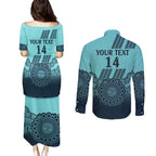 Custom Australia Matildas Couples Matching Puletasi and Long Sleeve Button Shirt Aussie Aboriginal Turquoise Version