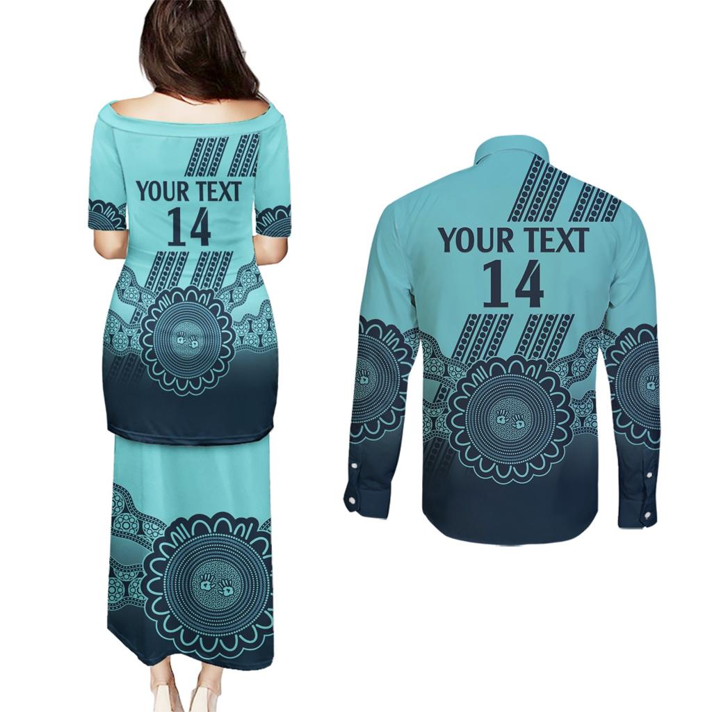 Custom Australia Matildas Couples Matching Puletasi and Long Sleeve Button Shirt Aussie Aboriginal Turquoise Version