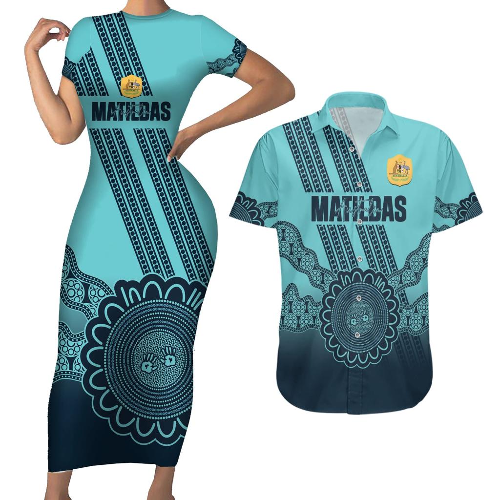 Custom Australia Matildas Couples Matching Short Sleeve Bodycon Dress and Hawaiian Shirt Aussie Aboriginal Turquoise Version