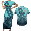 Custom Australia Matildas Couples Matching Short Sleeve Bodycon Dress and Hawaiian Shirt Aussie Aboriginal Turquoise Version