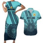 Custom Australia Matildas Couples Matching Short Sleeve Bodycon Dress and Hawaiian Shirt Aussie Aboriginal Turquoise Version
