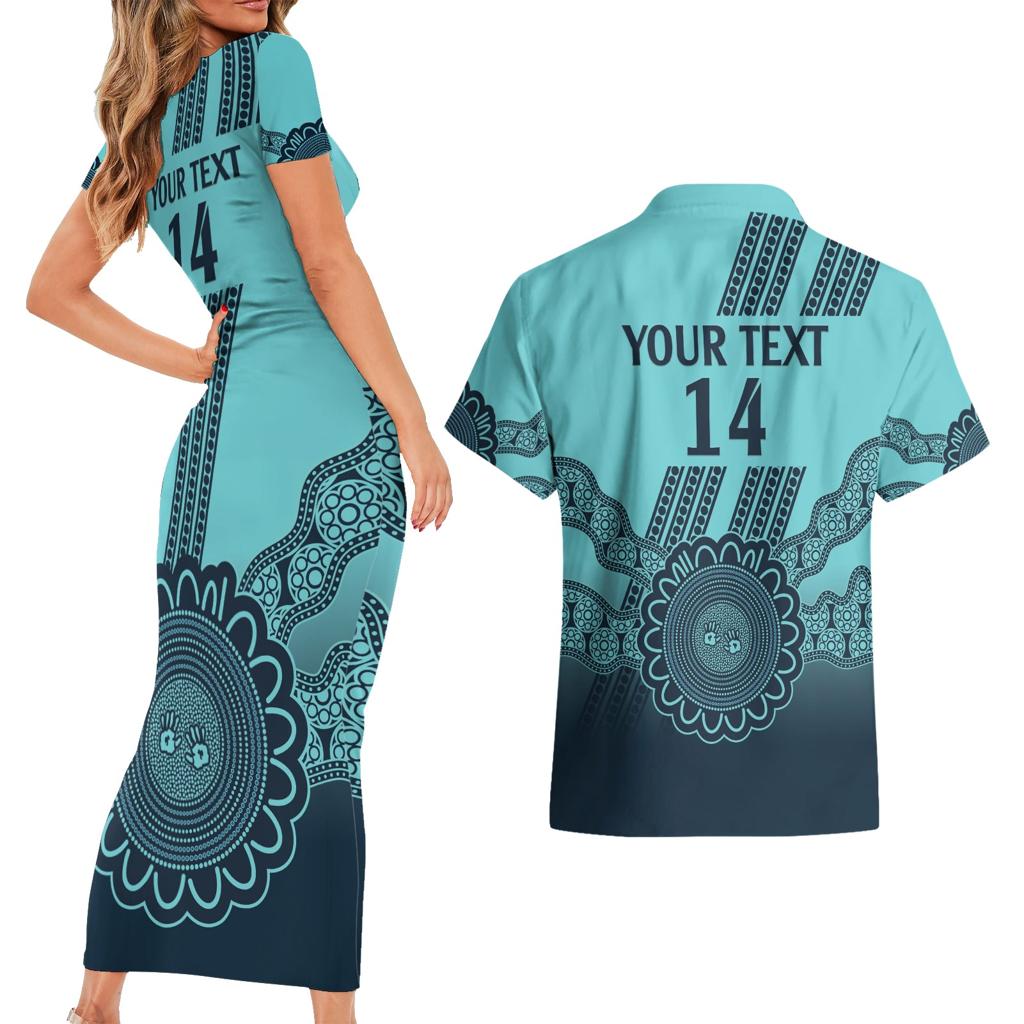 Custom Australia Matildas Couples Matching Short Sleeve Bodycon Dress and Hawaiian Shirt Aussie Aboriginal Turquoise Version