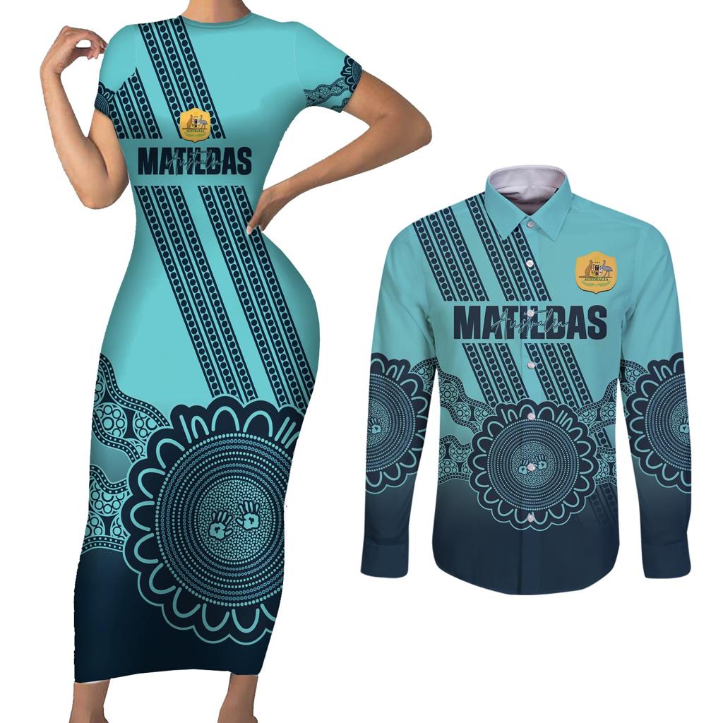 Custom Australia Matildas Couples Matching Short Sleeve Bodycon Dress and Long Sleeve Button Shirt Aussie Aboriginal Turquoise Version