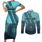 Custom Australia Matildas Couples Matching Short Sleeve Bodycon Dress and Long Sleeve Button Shirt Aussie Aboriginal Turquoise Version