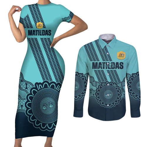 Custom Australia Matildas Couples Matching Short Sleeve Bodycon Dress and Long Sleeve Button Shirt Aussie Aboriginal Turquoise Version