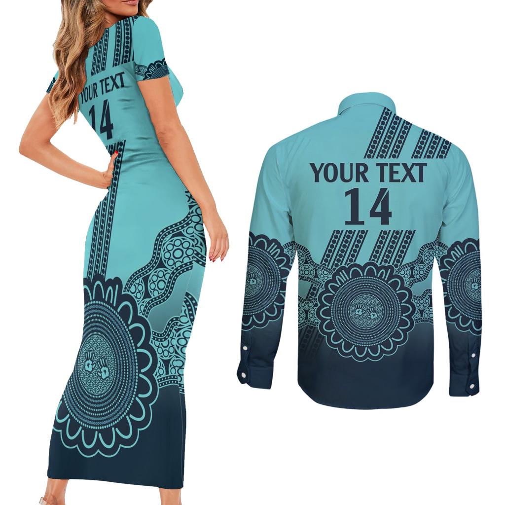 Custom Australia Matildas Couples Matching Short Sleeve Bodycon Dress and Long Sleeve Button Shirt Aussie Aboriginal Turquoise Version