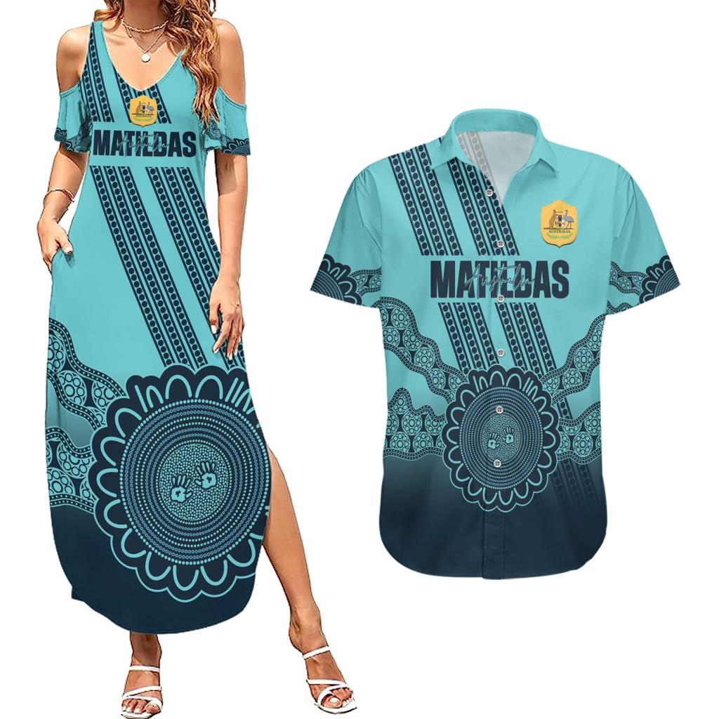Custom Australia Matildas Couples Matching Summer Maxi Dress and Hawaiian Shirt Aussie Aboriginal Turquoise Version