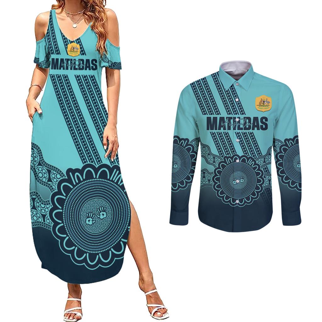 Custom Australia Matildas Couples Matching Summer Maxi Dress and Long Sleeve Button Shirt Aussie Aboriginal Turquoise Version