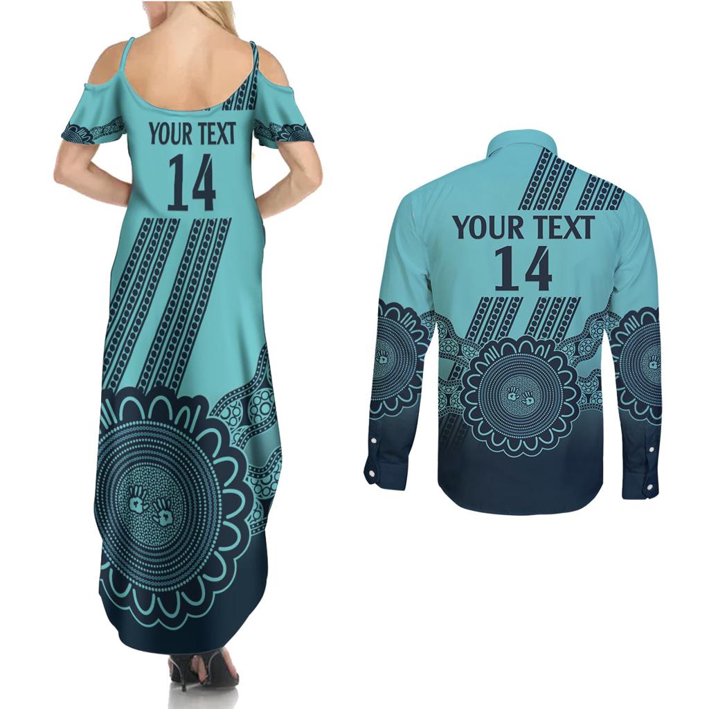 Custom Australia Matildas Couples Matching Summer Maxi Dress and Long Sleeve Button Shirt Aussie Aboriginal Turquoise Version