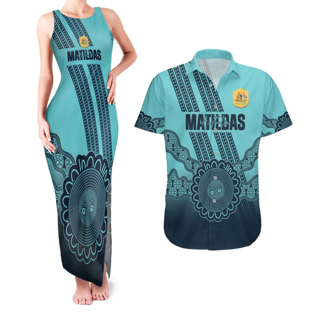 Custom Australia Matildas Couples Matching Tank Maxi Dress and Hawaiian Shirt Aussie Aboriginal Turquoise Version