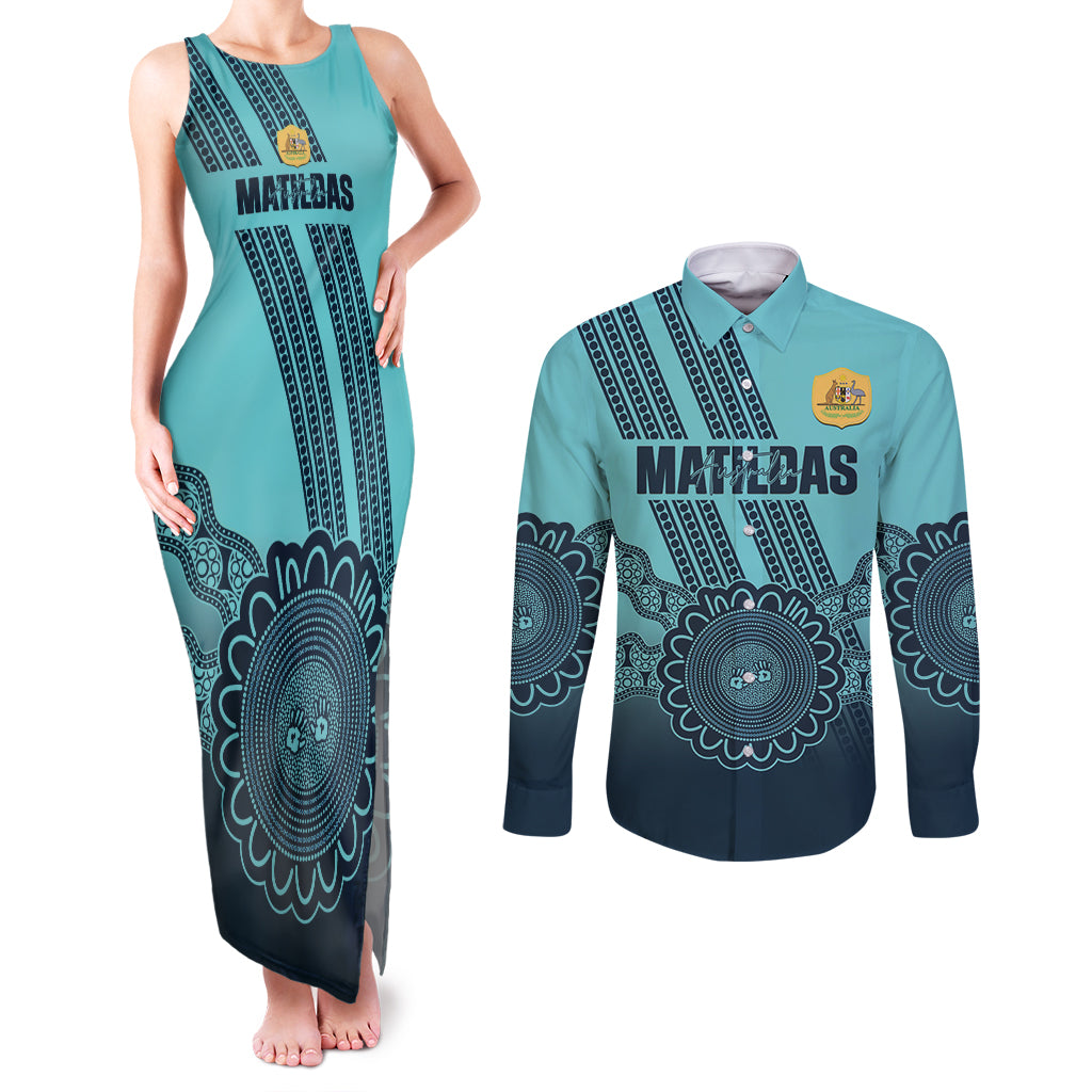 Custom Australia Matildas Couples Matching Tank Maxi Dress and Long Sleeve Button Shirt Aussie Aboriginal Turquoise Version
