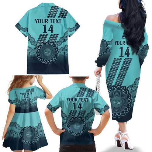 Custom Australia Matildas Family Matching Off The Shoulder Long Sleeve Dress and Hawaiian Shirt Aussie Aboriginal Turquoise Version