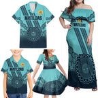 Custom Australia Matildas Family Matching Off Shoulder Maxi Dress and Hawaiian Shirt Aussie Aboriginal Turquoise Version