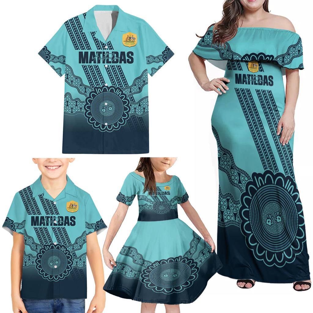 Custom Australia Matildas Family Matching Off Shoulder Maxi Dress and Hawaiian Shirt Aussie Aboriginal Turquoise Version