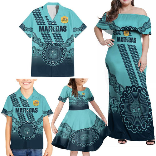 Custom Australia Matildas Family Matching Off Shoulder Maxi Dress and Hawaiian Shirt Aussie Aboriginal Turquoise Version