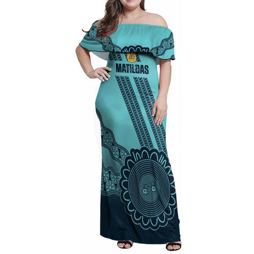 Custom Australia Matildas Family Matching Off Shoulder Maxi Dress and Hawaiian Shirt Aussie Aboriginal Turquoise Version