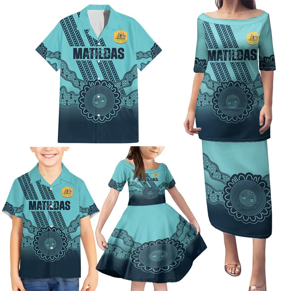 Custom Australia Matildas Family Matching Puletasi and Hawaiian Shirt Aussie Aboriginal Turquoise Version