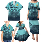 Custom Australia Matildas Family Matching Puletasi and Hawaiian Shirt Aussie Aboriginal Turquoise Version