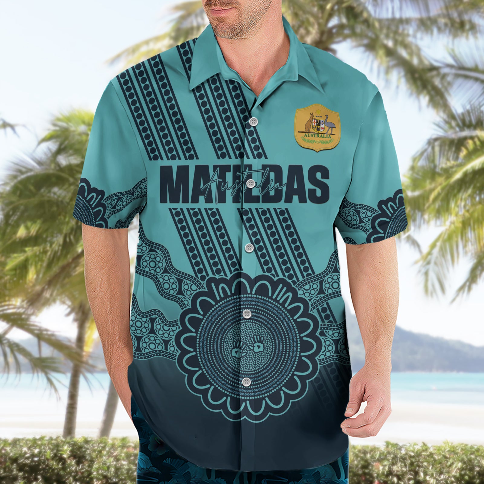 Custom Australia Matildas Hawaiian Shirt Aussie Aboriginal Turquoise Version