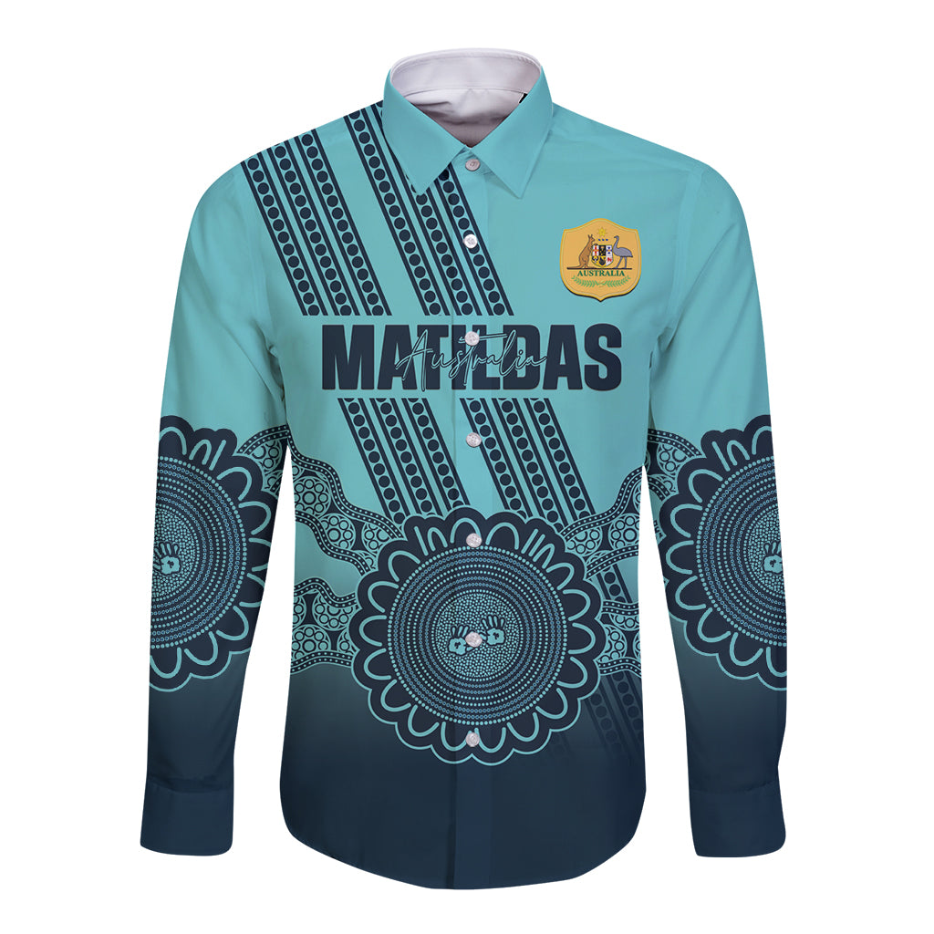 Custom Australia Matildas Long Sleeve Button Shirt Aussie Aboriginal Turquoise Version