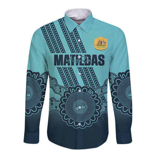 Custom Australia Matildas Long Sleeve Button Shirt Aussie Aboriginal Turquoise Version