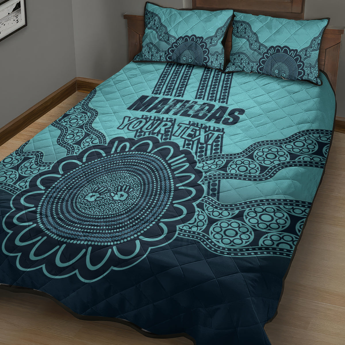 Custom Australia Matildas Quilt Bed Set Aussie Aboriginal Turquoise Version