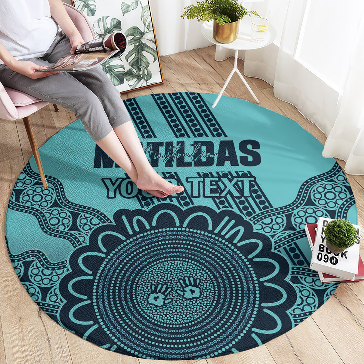 Custom Australia Matildas Round Carpet Aussie Aboriginal Turquoise Version