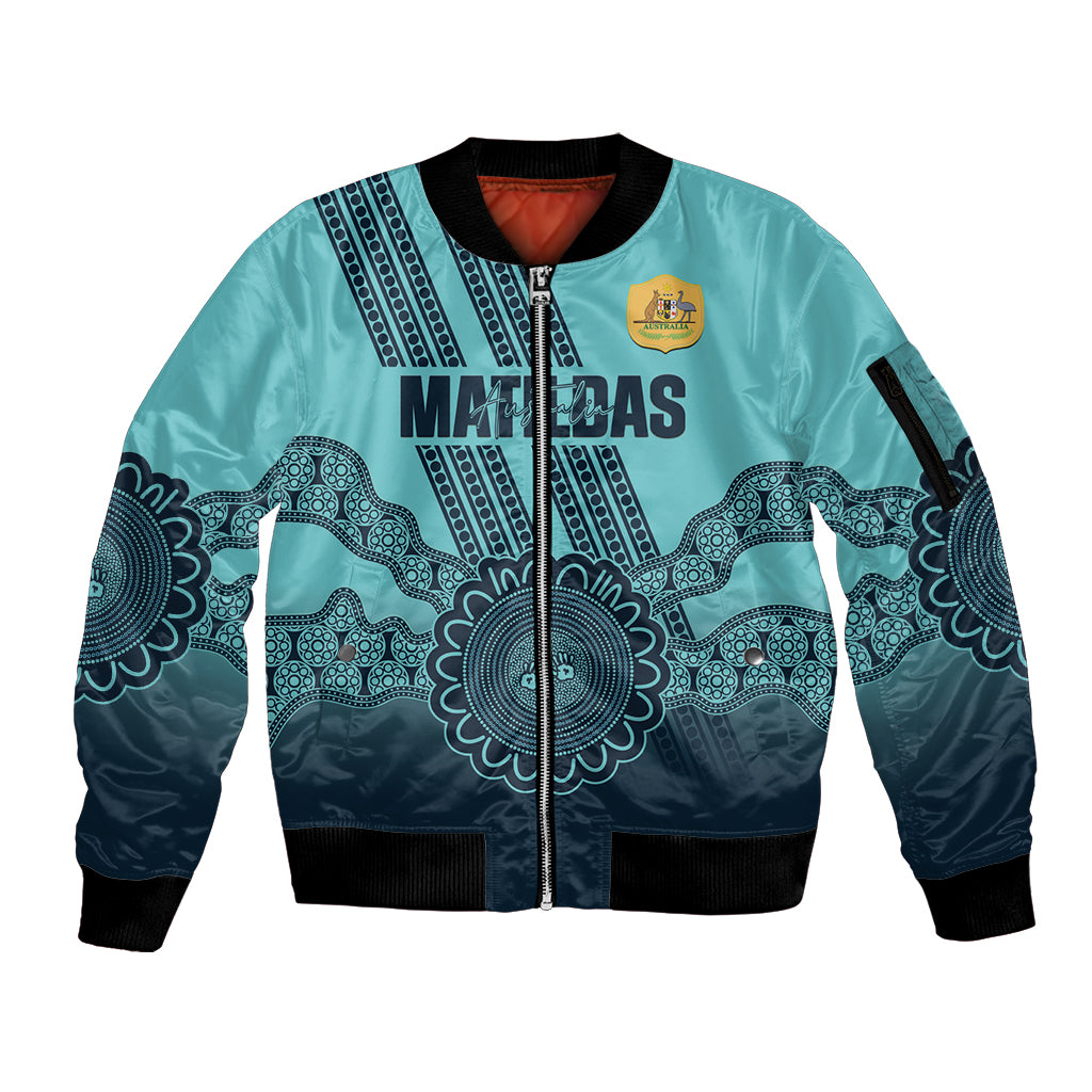 Custom Australia Matildas Sleeve Zip Bomber Jacket Aussie Aboriginal Turquoise Version